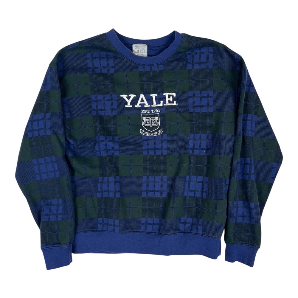 Vintage Yale University Sweatshirt Womens Small Blue Plaid Embroidered Crewneck